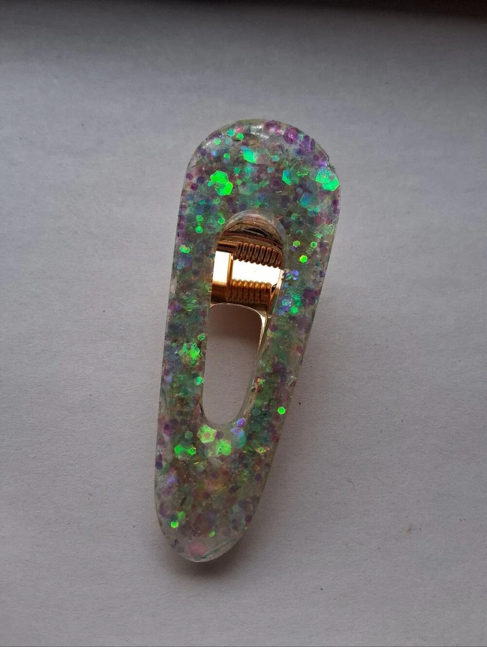5/$25 Hand Crafted Iridescent Glitter Hair Clip with Green Sparkles